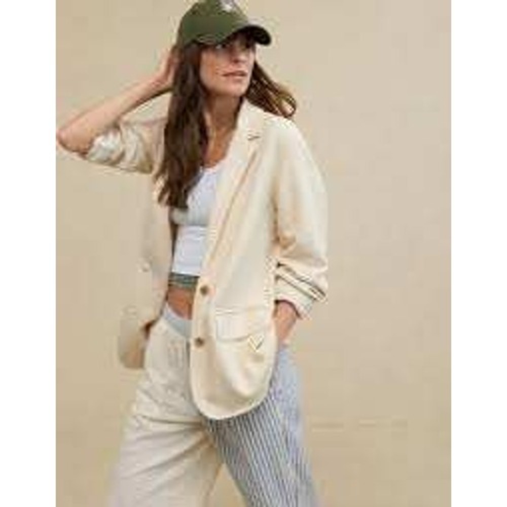 Aerie Women Cream Fleece Knit Blazer Jacket Off-White Medium Soft Lounge Cozy - Picture 2 of 9